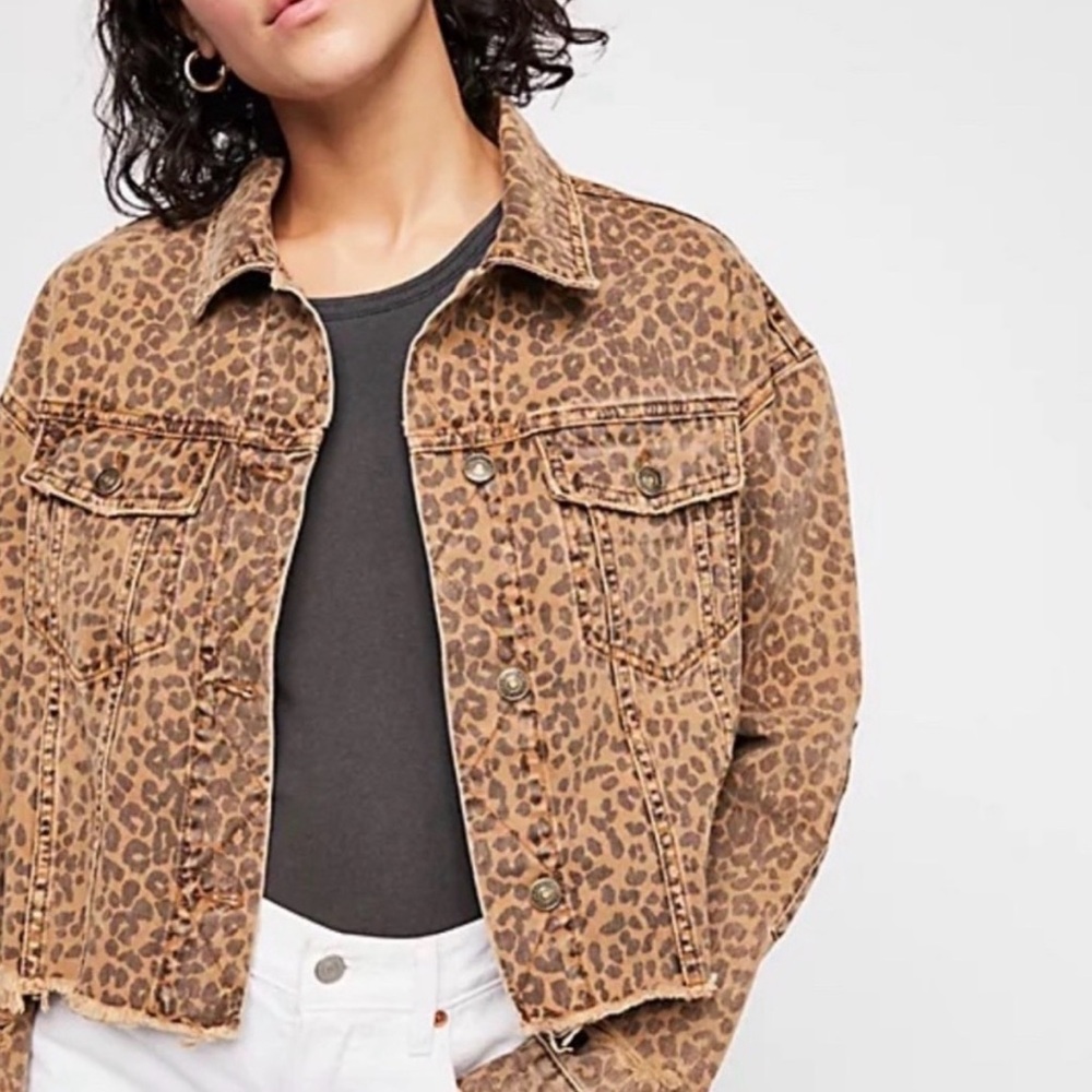 Free People Tan Leopard Print Jean Jacket